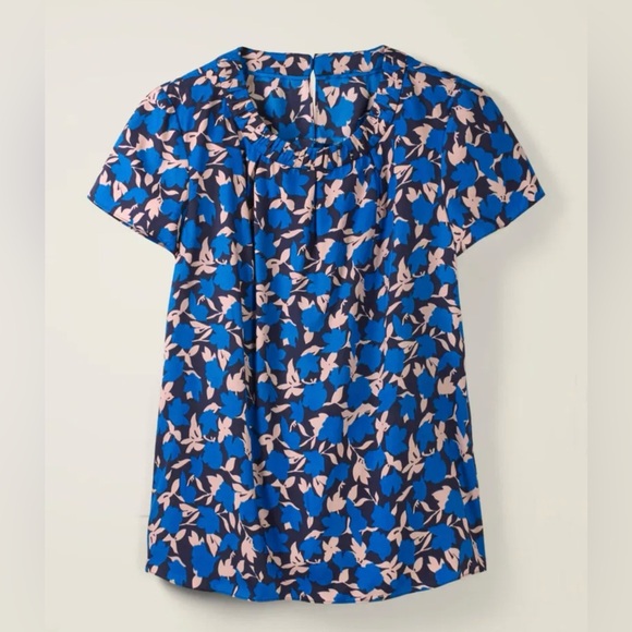 BODEN Carey Top Bold Blue Blouse Floral Clematis Shirt Black Pleated Neckline - Picture 15 of 16